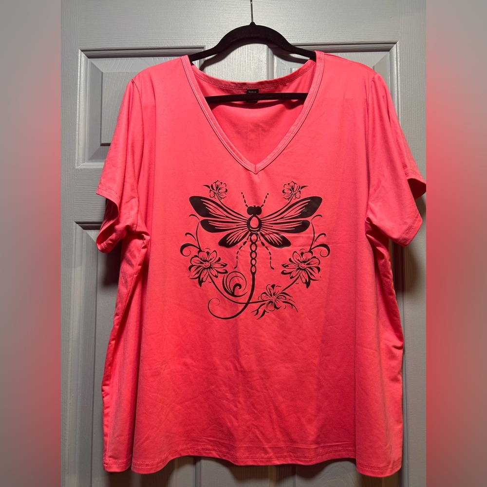 Pink V-Neck Top with Dragonfly Design